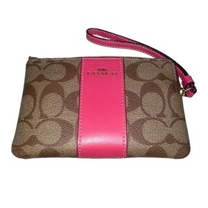 Coach Corner Zip Wristlet In Signature Canvas F58035 - Khaki/Pink NWT